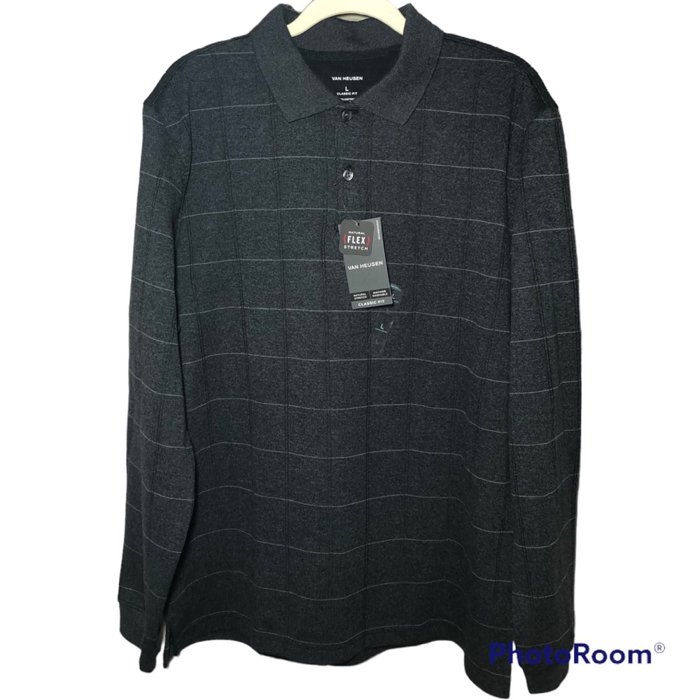 Van Heusen Mens Black Long Sleeve Relaxed Fit Polo Shirt L Nwt